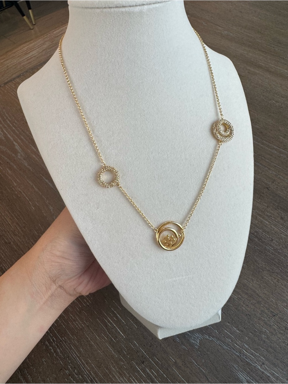 Tory Burch Gold Circle Pendant with pave stone’s necklace 18” adjustable